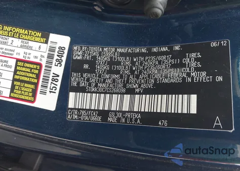 2012 Toyota Sienna Le V6 8 Passenger из США, поврежденный, VIN 5TDKK3DC7CS268098